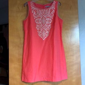 Peach Linen Dress With Gorgeous Embroiled Detail